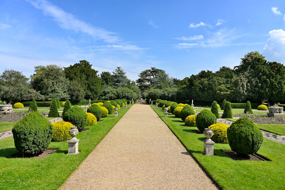 A symmetrical formal garden with a straight gravel pathway running through the center, flanked by neatly trimmed spherical and conical bushes on both sides. The bushes are a vibrant green with some ye